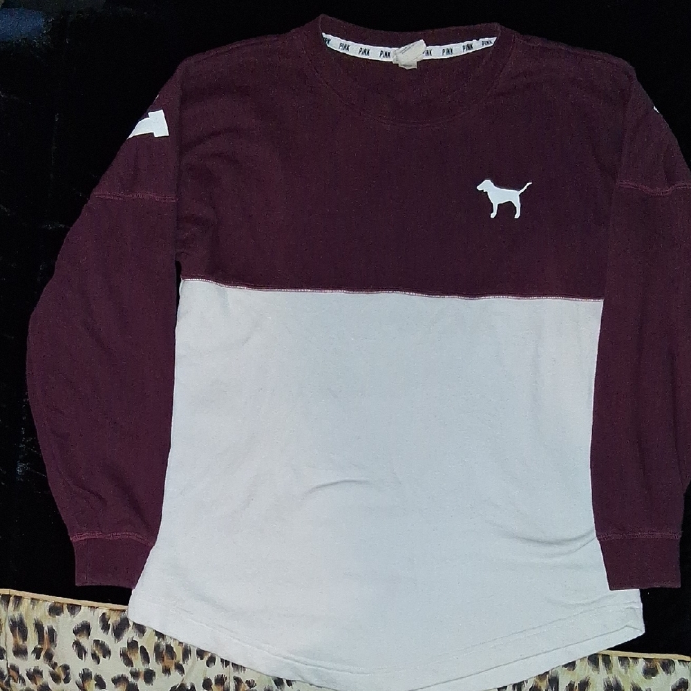 Victoria's Secret Pink Two-Tone Maroon and White Long Sleeve Top